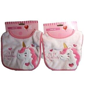 2 Adorable Pink Plush Girls Baby Bib*1st Valentine's Day*Unicorn 0-12 months